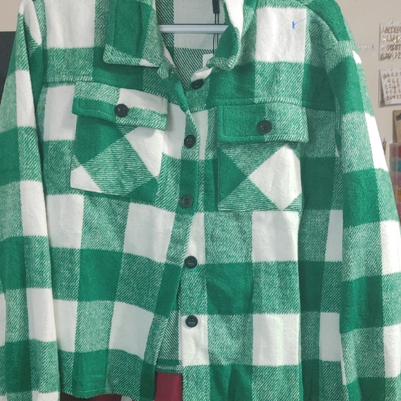 Green and White Plaid Button-Up Jacket - Picture 1 of 1